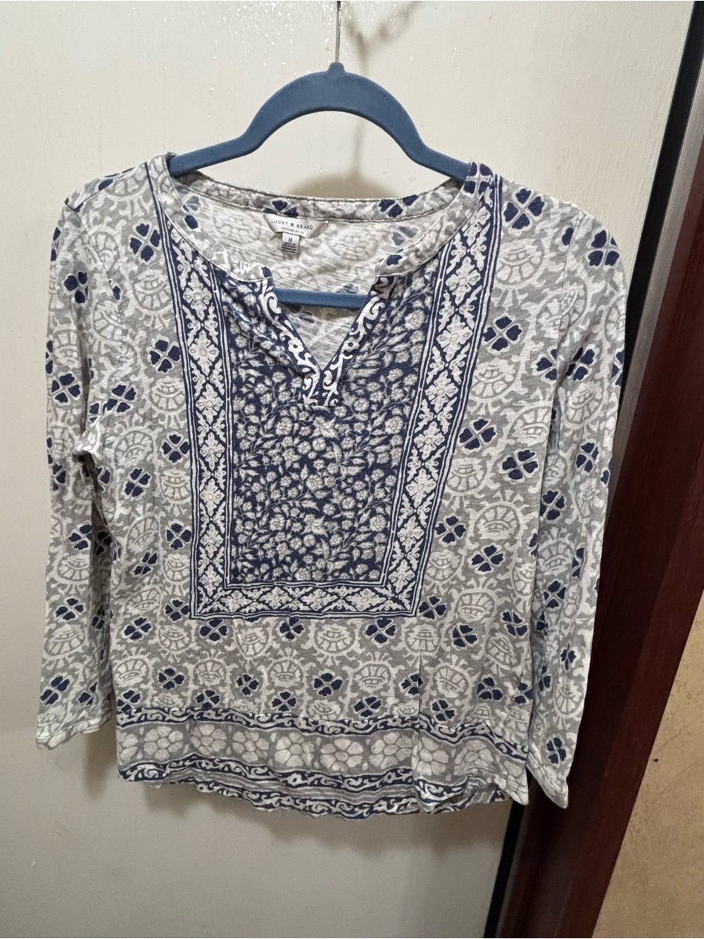 Lucky Brand Blue and White Printed Split-Neck Long Sleeve Top